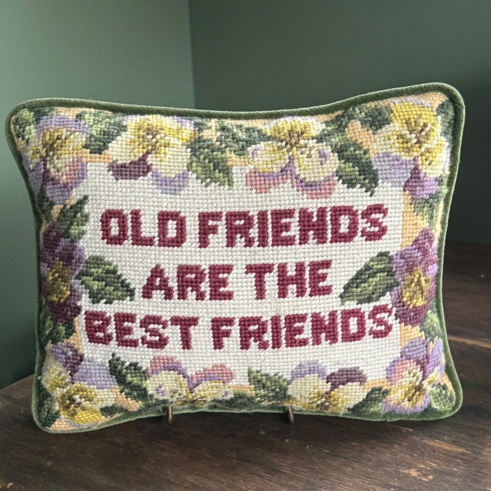 Vintage Needlepoint Pillow Old Friends Are The Best Friends Floral Pansy Velvet